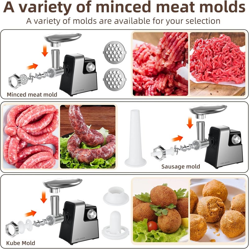 GELANGS Electric Meat Grinder，350W(2800W Max) Sausage Stuffer Maker with Sausage Stuffer Tubes & Kubbe Kit，Food Grinder with Blade & 3 Plates For Home Kitchen Use - Image 3